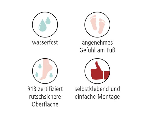 Symbole für wasserfest, angenehmes Gefühl am Fuß, R13 zertifiziert rutschsichere Oberfläche, selbstklebend und einfache Montage