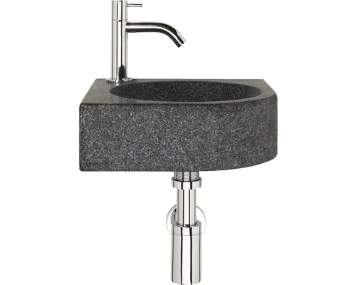 Handwaschbecken - Set inkl. Standventil CHEFREN Naturstein ohne Beschichtung schwarz 30x30 cm