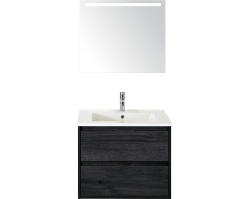 Set de meubles de salle de bains sanox Porto 70 cm black oak 3 pièces meuble bas avec lavabo en céramique et miroir LED