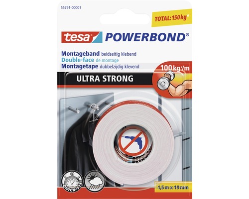 tesa® Powerbond Montageband Ultra Strong 1.5 m x 19mm Tesa Powerbond Montageband, doppelseitig klebend, 1,5 Meter mal 19 Millimeter