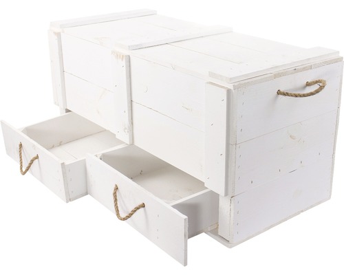 Weisse Holzkiste mit zwei offenen Schubladen und Seilgriffen