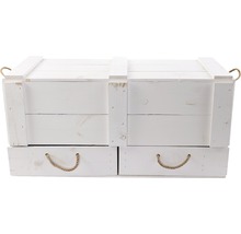 Weisse Holzkiste mit Seilgriffen und zwei Schubladen zur Aufbewahrung