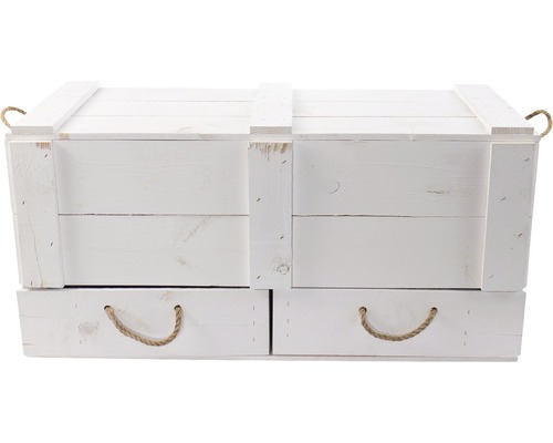 Weisse Holzkiste mit Seilgriffen und zwei Schubladen zur Aufbewahrung