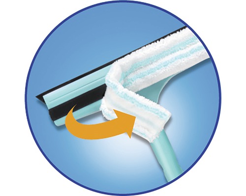 Fensterwischer mit abnehmbarem Bezug und Pfeil, der die Richtung anzeigt.