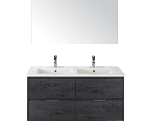 Set de meubles de salle de bains sanox Porto 120 cm black oak 3 pièces meuble bas avec lavabo double en céramique et miroir