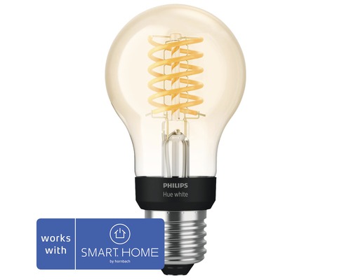 Ampoule Hue White Filament à intensité lumineuse variable E27/7W(50W) 550 lm 2100K blanc chaud A60 transparent Ampoule à filament blanc Philips Hue avec spirale