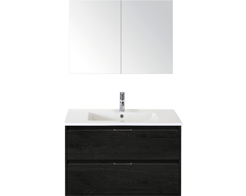Ensemble de meubles de salle de bains Porto 90 cm pierre synthétique lavabo avec armoire de toilette black oak