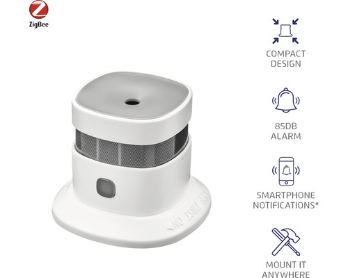 Logo ZigBee. Détecteur de fumée avec notification smartphone et alarme de 85 décibels.