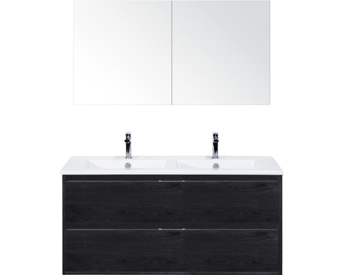 Set de meubles de salle de bains sanox Porto 120 cm black oak 3 pièces meuble bas avec lavabo double en céramique et armoire à miroir