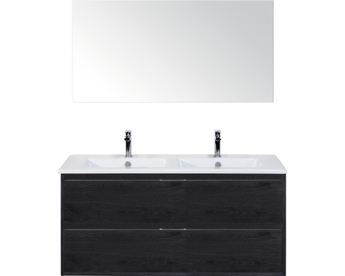 Set de meubles de salle de bains sanox Porto 120 cm black oak 3 pièces meuble bas avec lavabo double en céramique et miroir