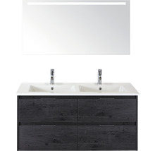 Badmöbel-Set sanox Porto 120 cm black oak 3-teilig Unterschrank inkl. Keramikdoppelwaschbecken und LED-Spiegel