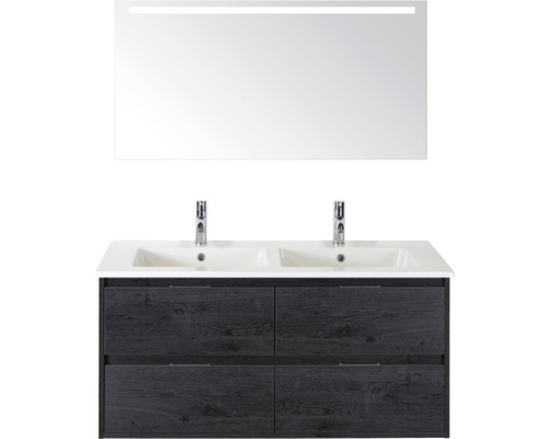 Ensemble de meubles de salle de bains Porto 120 cm 4 tiroirs lavabo en céramique avec miroir avec éclairage black oak