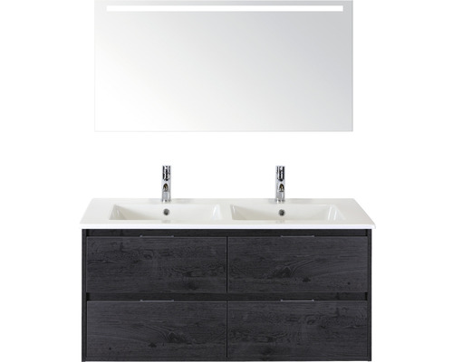 Set de meubles de salle de bains sanox Porto 120 cm black oak 3 pièces meuble bas avec lavabo double en céramique et miroir LED