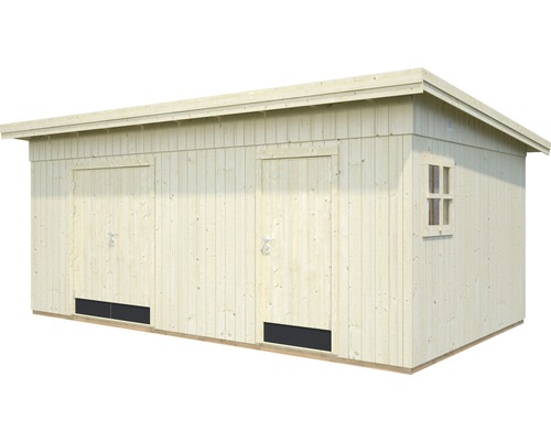 Abri de jardin en bois avec deux portes et une fenêtre