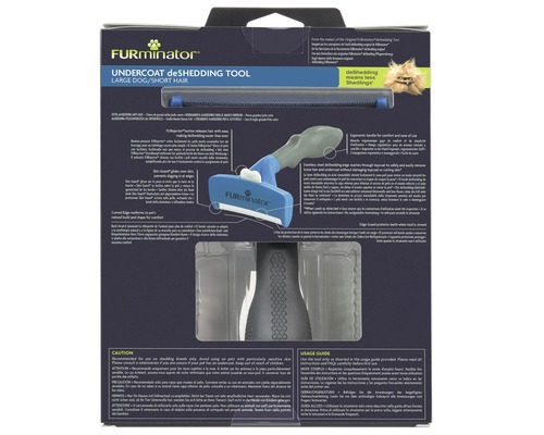 Verpackung des Furminator Unterfell deShedding Werkzeugs für große Hunde mit kurzem Fell