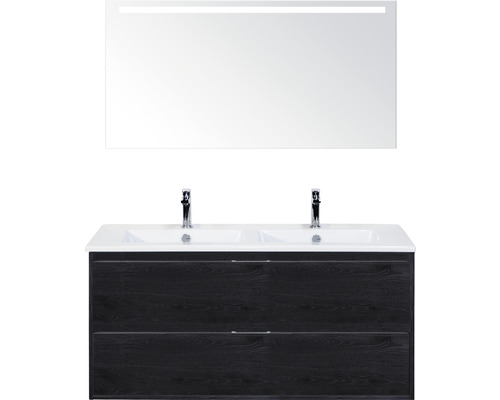 Set de meubles de salle de bains sanox Porto 120 cm black oak 3 pièces meuble bas avec lavabo double en céramique et miroir LED