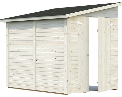 Abri de jardin en bois avec double porte ouverte et toit