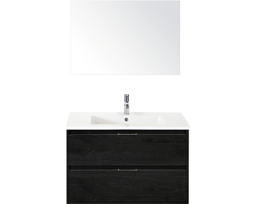 Set de meubles de salle de bains sanox Porto 90 cm black oak 3 pièces meuble bas avec lavabo en céramique et miroir