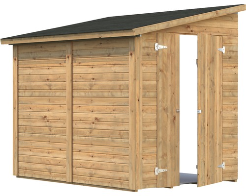 Abri de jardin en bois avec porte ouverte et toit à deux pentes