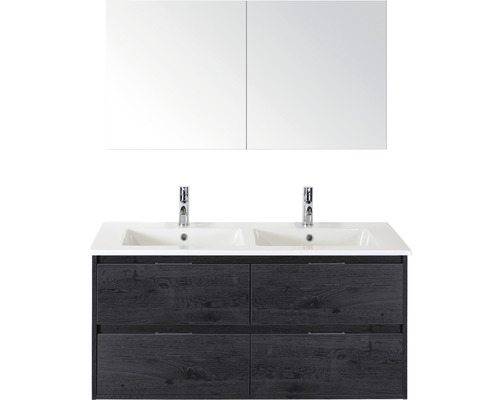 Set de meubles de salle de bains sanox Porto 120 cm black oak 3 pièces meuble bas avec lavabo double en céramique et armoire à miroir