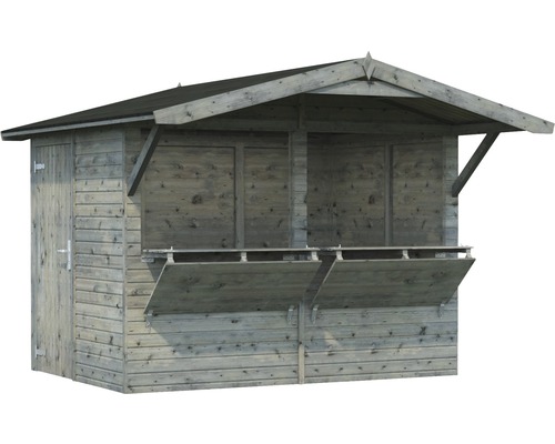 Abri de jardin en bois avec porte et comptoirs de vente