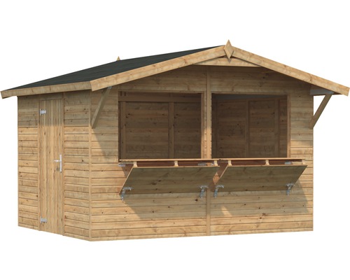 Holzgartenhaus mit Verkaufsklappe und Tür