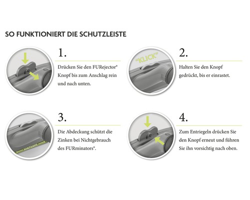 Anleitung zur Bedienung der Schutzleiste eines FURminator Fellpflegewerkzeugs in vier Schritten.
