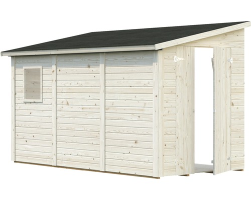 Abri de jardin en bois avec fenêtre et porte ouverte