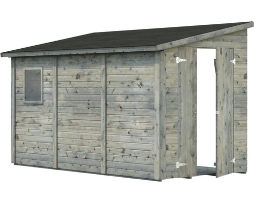 Abri de jardin en bois avec fenêtre et double porte ouverte