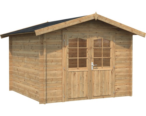 Abri de jardin en bois avec double porte et toit à deux versants
