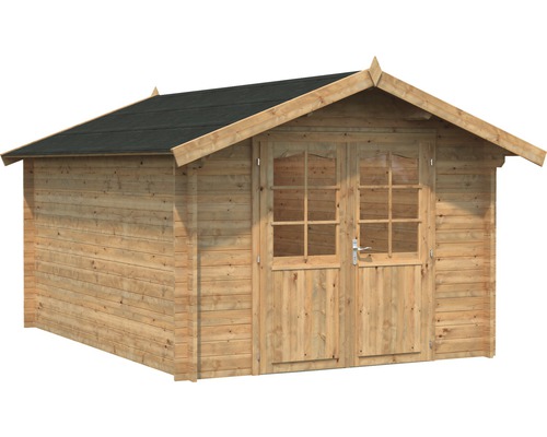 Abri de jardin en bois avec double porte et toit à deux pentes