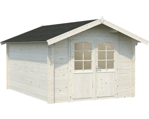 Holzgartenhaus mit Doppeltür und schwarzem Dach