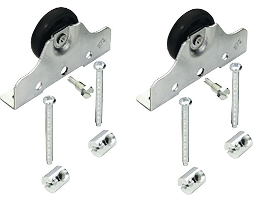 Zwei Möbelrollen aus Metall mit Befestigungsmaterial