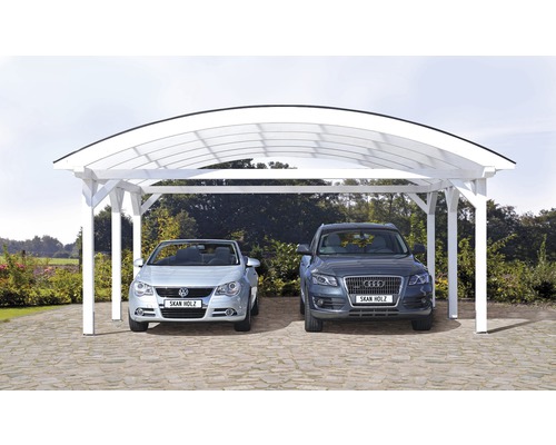 Carport pour deux véhicules avec toit incurvé SKAN HOLZ, 635x541 cm, blanc Double abri de voiture en bois avec deux voitures garées