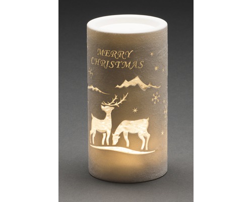 Bougie LED décorative avec motif de Noël et inscription Joyeux Noël.