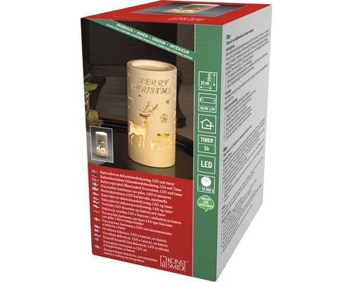 Emballage d''une décoration LED à piles avec fonction de minuterie et inscription Merry Christmas