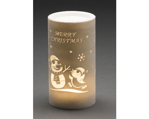 Bougie LED décorative avec l''inscription Joyeux Noël, bonhomme de neige et motif d''oiseau