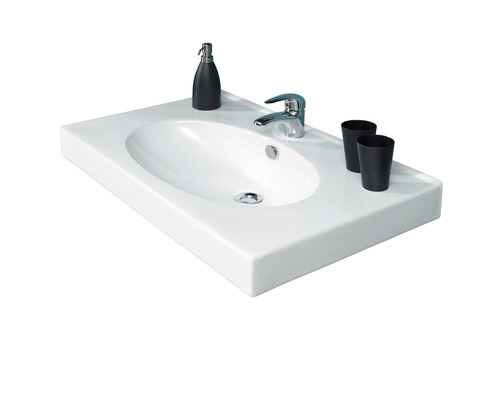 Vasque à poser en céramique sanitaire avec robinet, distributeur de savon et gobelets