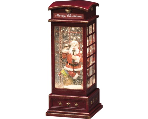 Dekorative Schneekugel in Telefonzellendesign mit Weihnachtsmannmotiv