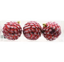 Trois boules de Noël rouges en forme de pomme de pin