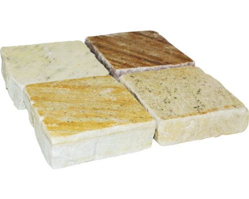 Pavé carré en quartzite blanc, rose et jaune 10x10x2,5-4 cm