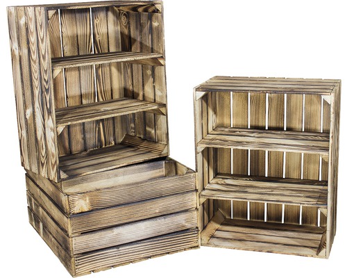 Drei Holzkisten, davon zwei mit Fächern, zur Aufbewahrung und Organisation