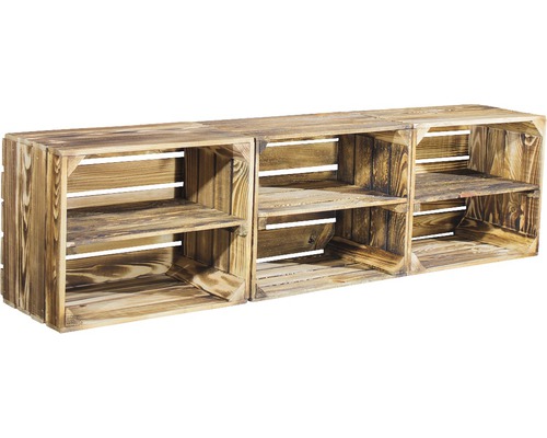 Vintage Obstkiste geflammt mit Mittelbrett 50x40x30 cm 3er-Set Regal aus drei Holzkisten