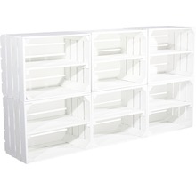 Regal aus sechs Holzkisten mit je zwei Fächern