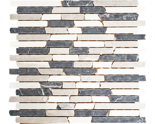 Mosaïque en pierre naturelle MOS BRICK 1125 mix, 30,5x32,5 cm Mosaïque en pierre naturelle avec des pierres oblongues dans différentes nuances de gris et blanc.