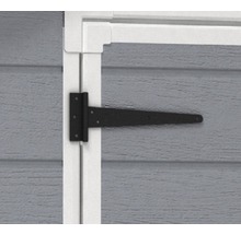 Charnière en T noire fixée à une porte en bois