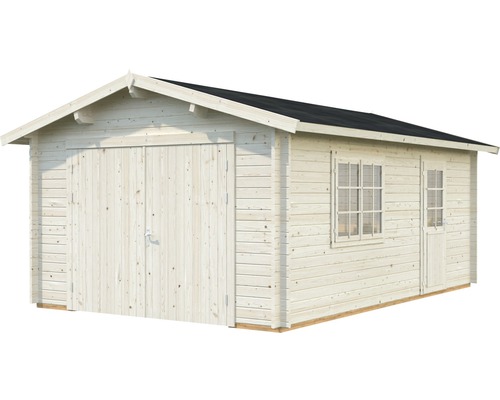Garage en bois avec double porte, fenêtre et porte latérale