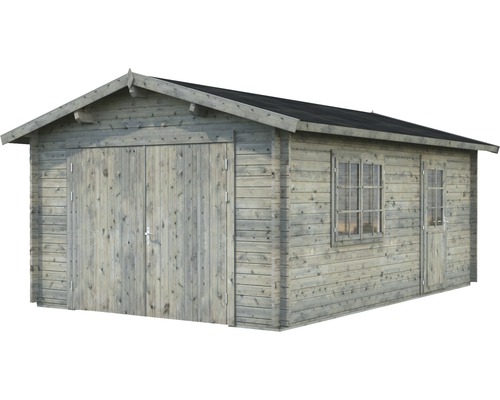 Garage en bois avec double porte, porte latérale et fenêtres