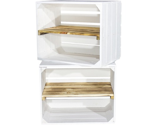 Zwei weisse Holzkisten mit Regalböden gestapelt