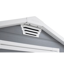 Vue détaillée d''un abri de jardin avec grille d''aération et logo Keter